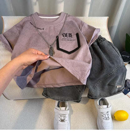 Korean Children's Summer Clothes Kids Set Outfits Boys 2026 Handsome Sleeveless&Short Sleeved T-shirt Denim Shorts 2-piece Set