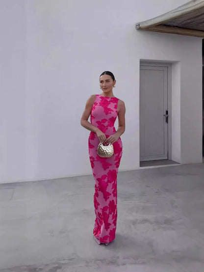 2024 New Elegant Women Sleeveless 3d Flowers Party Dress Embroidery Mesh Slim Hip Package Female Fshion Maxi Dresses Robe