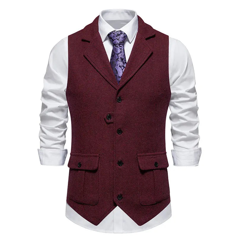 Tailored Collar Vest for Men Single Breasted Herringbone Tweed Suit Vest Mens Formal Striped Waistcoat Punk Groomsmen Wedding