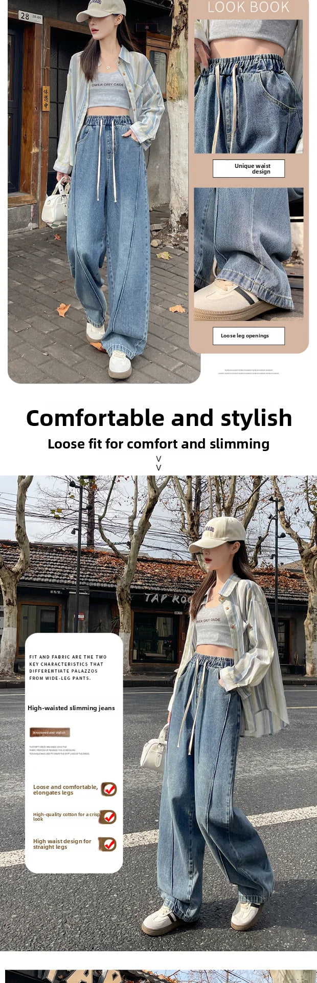 High Waist Wide Leg Jeans Women's Loose Fit Dstring Elastic Waist Long Trousers Blue Denim Spring Season Faion plus Size