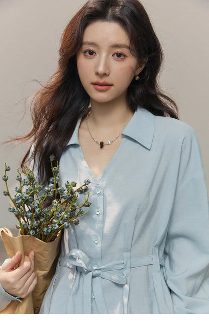 Women's Light Blue Lyocell Shirt 2026 Spring Polo Neck V-neck Belted Waist Shirt Casual Peplum Long Sleeve Top MXF13C2437