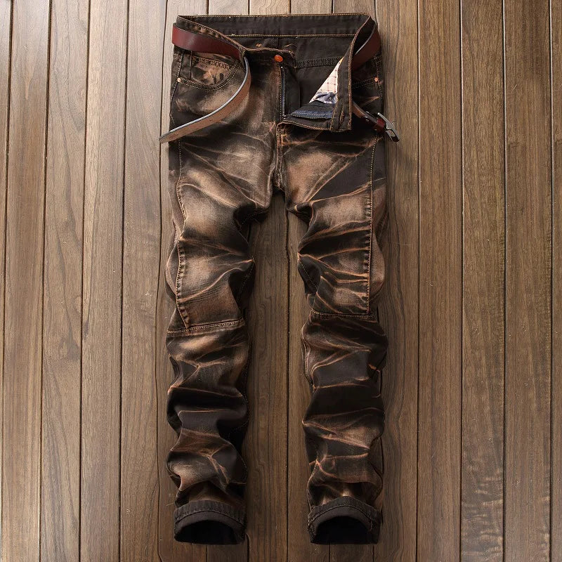 2026 Men's Fashion Vintage Jeans Slim Straight Leg Tie Dye Pleated Biker Denim Pants Male Casual Pants Oversized 42 High Quality