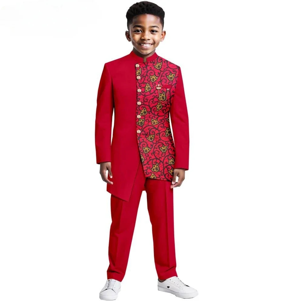 African Patterned Children's Elegant Suit Set 2 Pieces For Formal Occasion,Stylish Smart Boys Tuxedo Sets Wedding Outfit XS-XXL