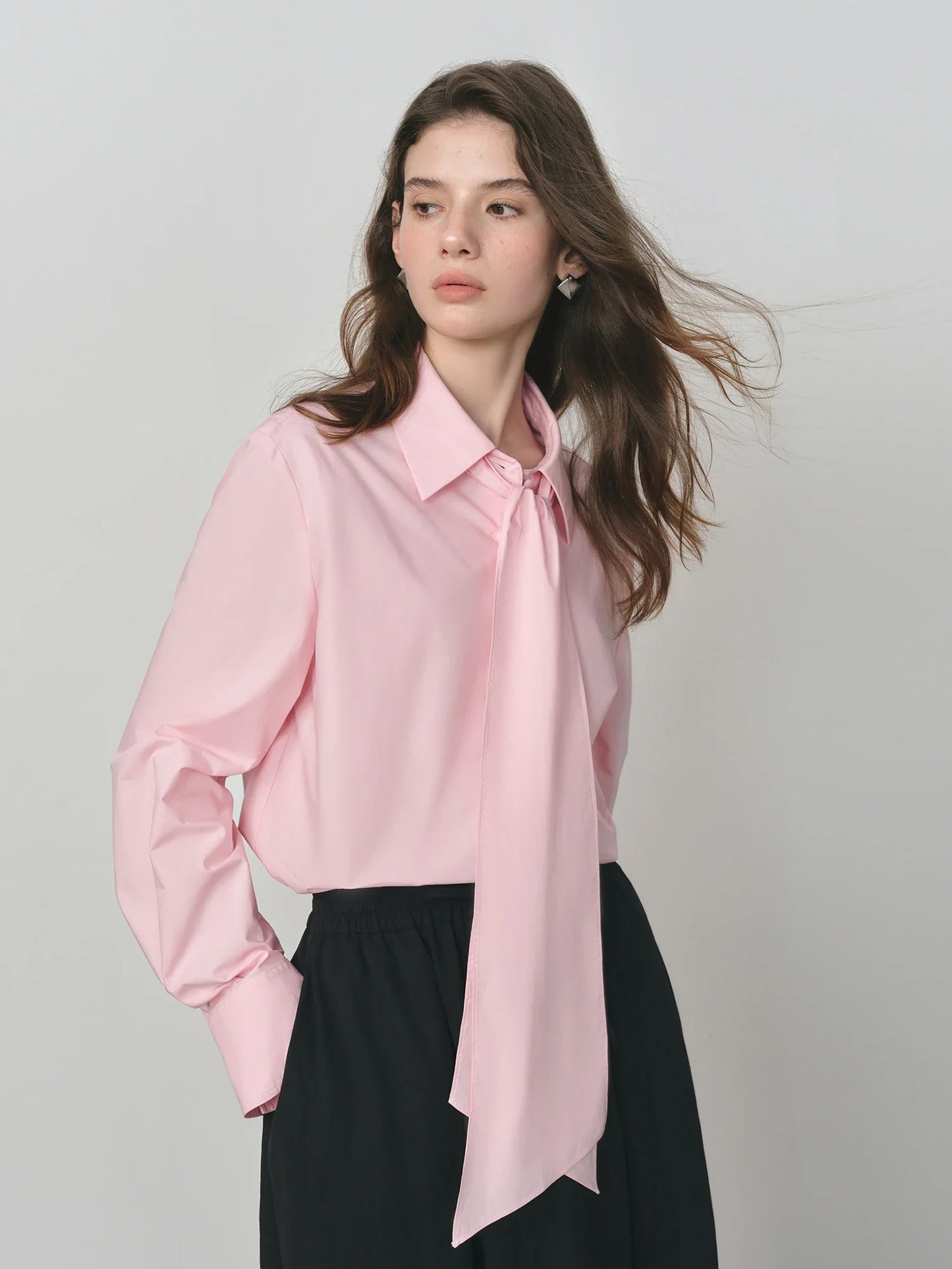 Pure Cotton Oversized Bow Detail Women's Autumn 2025 New Arrival Laid-Back Long Sleeve Blouse with Sash 25FS13213