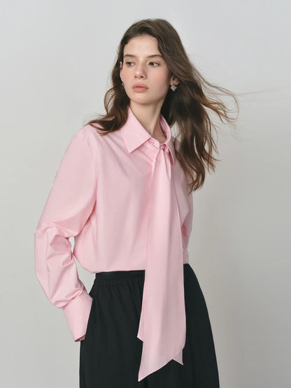 Pure Cotton Oversized Bow Detail Women's Autumn 2025 New Arrival Laid-Back Long Sleeve Blouse with Sash 25FS13213