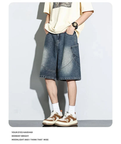 Summer New Baggy Denim Shorts Fashion Casual Straight Harajuku Jeans Male Vintage Wash Drawstring Short Pants Streetwear