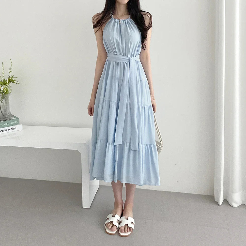 Korean Style Summer Slimming Necktie Waist Cinched Sleeveless Vest Long Dress Women's Fashionable Commute Style Inner Wear