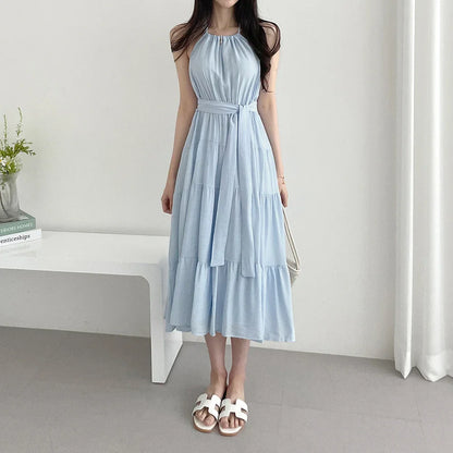Korean Style Summer Slimming Necktie Waist Cinched Sleeveless Vest Long Dress Women's Fashionable Commute Style Inner Wear