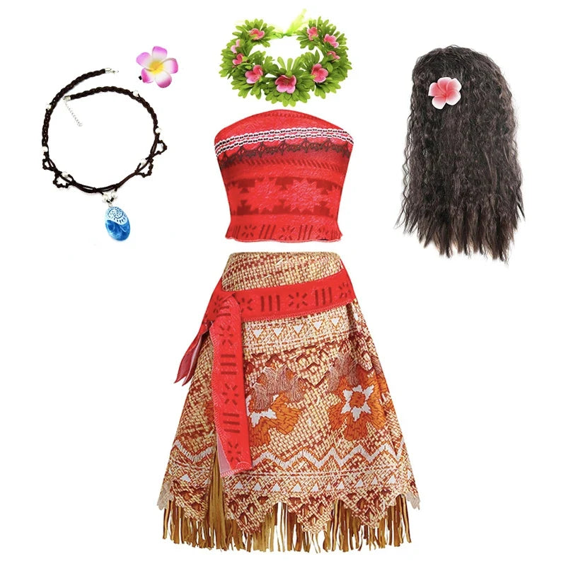 Girls Moana Princess Dress for Kids Carnival Cosplay Vaiana Costume Children Birthday Party Headwear Necklace Flower Clothes Set