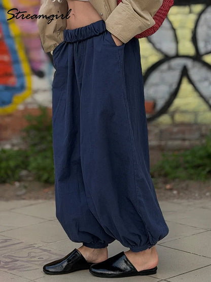 Summer Cotton Oversized Pants For Women Blue Baggy Aladdin Trousers Elastic Bloomers Navy Blue Cropped Lantern Harem Pants Woman