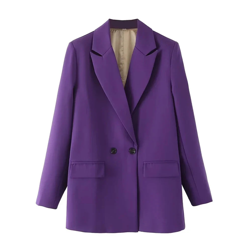 Women Chic Office Lady Double Breasted Blazer Vintage Coat Fashion Notched Collar Long Sleeve Ladies Outerwear Stylish Tops