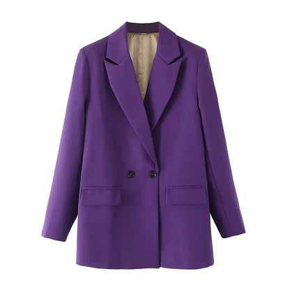 Women Chic Office Lady Double Breasted Blazer Vintage Coat Fashion Notched Collar Long Sleeve Ladies Outerwear Stylish Tops