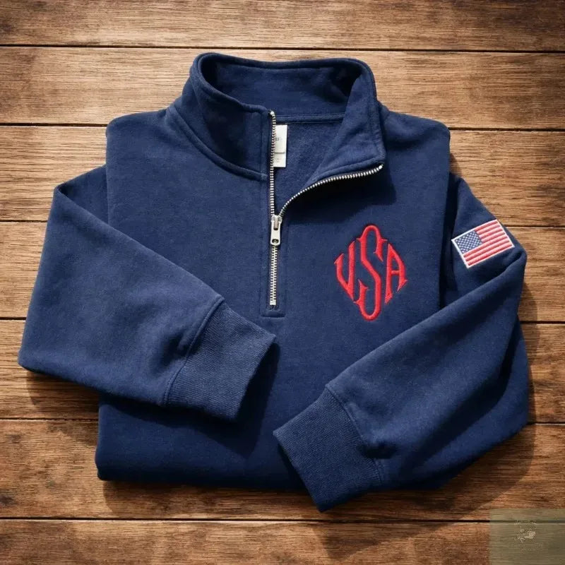 Y2K Navy Blue Quarter Zip Sweatshirt USA Embroidered American Flag Patch Jacket Men Women Vintage Streetwear Fashion Trend Top