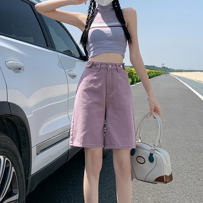Summer New Korea Fashion Loose Women Jeans Shorts Purple Pink High Waist Straight Pockets Female Wide Short Pants