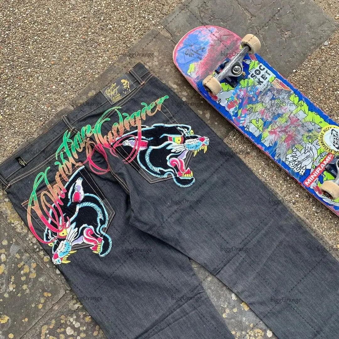 Mens Jeans Streetwear Y2K Vintage Straight Leg Denim Pants Skull Rose Flame Print Design Loose Fit Retro Punk Hip Hop Fashion