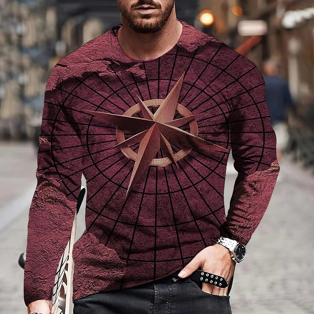 2023 Vintage Men's T Shirt Cotton Cross Pattern Long Sleeve 3D Clothing Nautical Map Print Street Harajuku Oversized