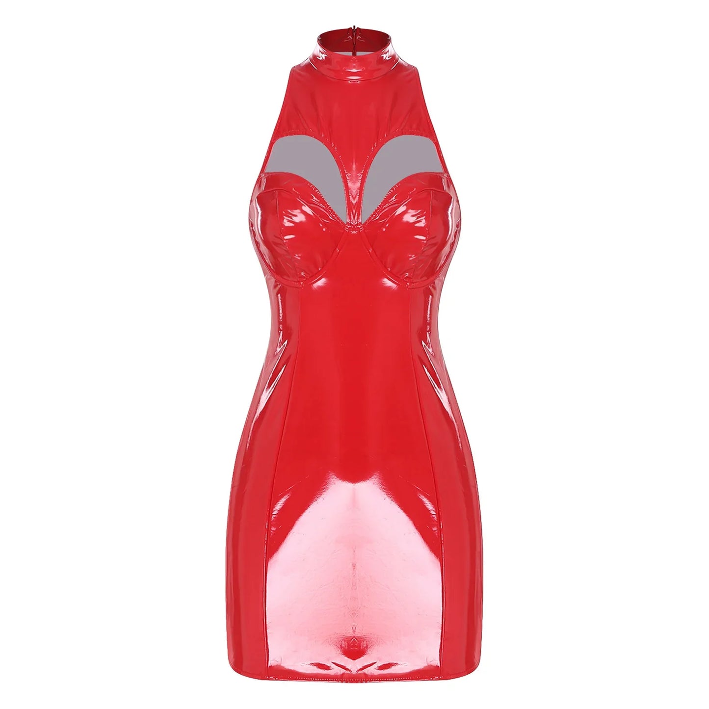 Womens Wet Look PU Latex Mini Dress Mock Neck Sleeveless Hollow-out Push-up Bra Bodycon Dress Tube Dress for Pole Raves Clubwear