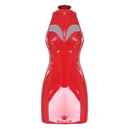 Womens Wet Look PU Latex Mini Dress Mock Neck Sleeveless Hollow-out Push-up Bra Bodycon Dress Tube Dress for Pole Raves Clubwear