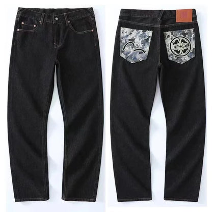 Men's Japanese Handmade Embroidered Jeans Pure Cotton Straight Tube Hip-Hop Popular Slim Red Ears Show Thin Trousers Devil Black