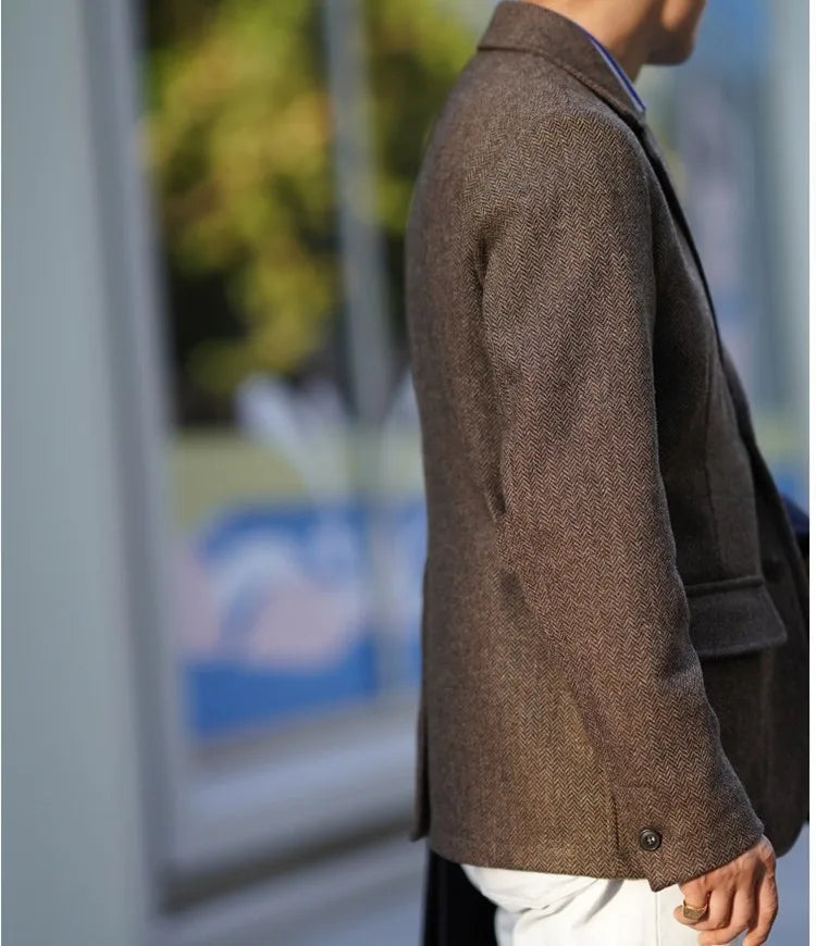 Spring Men's Peaky Blinders British Retro Tweed Wool Herringbone Hunting Casual Blazer