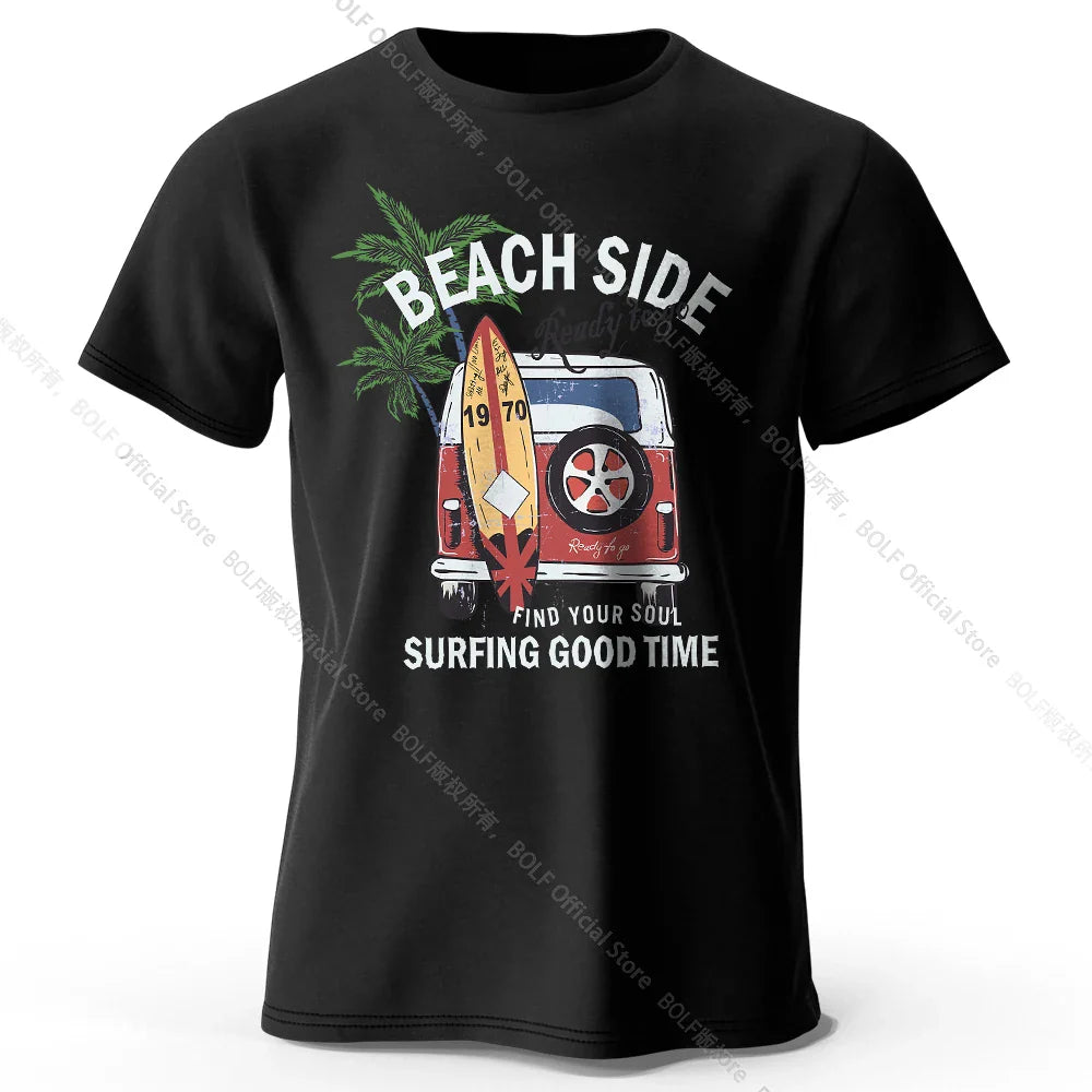 Vintage Surf Badge Printed Unisex Men Women T-Shirt Tees Tops 100% Cotton Retro Wave Graphic Beach Club Wear
