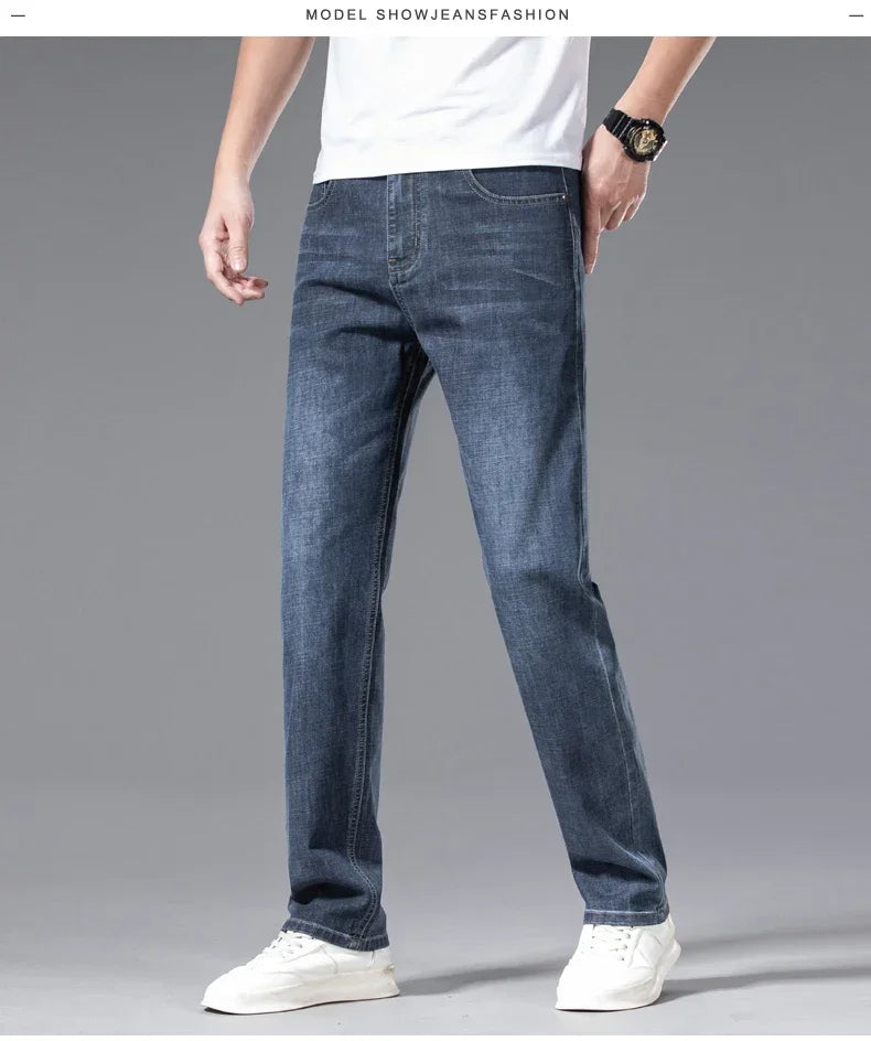 2024 Men's New Autumn Straight Casual Jeans Light Blue Classic Breathable Comfortable No Ironing Stretch Denim Trousers Male