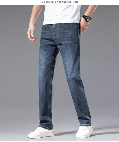 2024 Men's New Autumn Straight Casual Jeans Light Blue Classic Breathable Comfortable No Ironing Stretch Denim Trousers Male