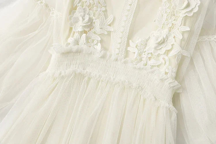 Lace Flower Mesh Summer Dress Women Lantern Sleeve White Casual Dresses Female Party Vintage Slim Women Dress 2 Piece Sets 12041