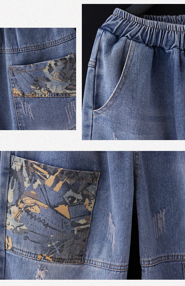 Casual Harajuku Sle Mom Jeans Women's Faion Trendy Hole Design Cotton Stretch Denim l Waist hine Embroidery