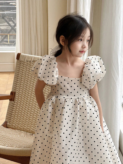 Girls Polka Dot Party Dress Summer Bubble Sleeves Princess Gown Understated Elegance Korean Japanese Style 2-7 Years