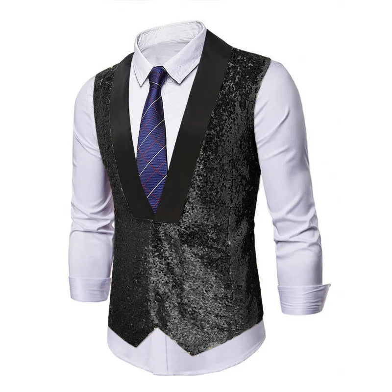 Men's Gold Sleeveless Blazer, Round Sequin-embellished Blazer Jacket, Perfect for Weddings, Parties, DJ Events, and Nightclubs.