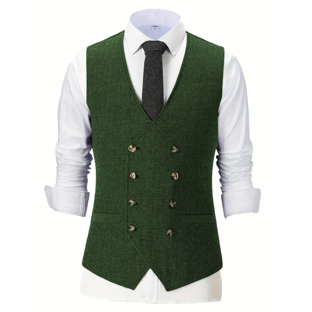 Men Vest Chanpagne Herringbone Double Button V Neck Waistcoat For Wedding Party Business Work Office Daily Casual Men Suit Vest