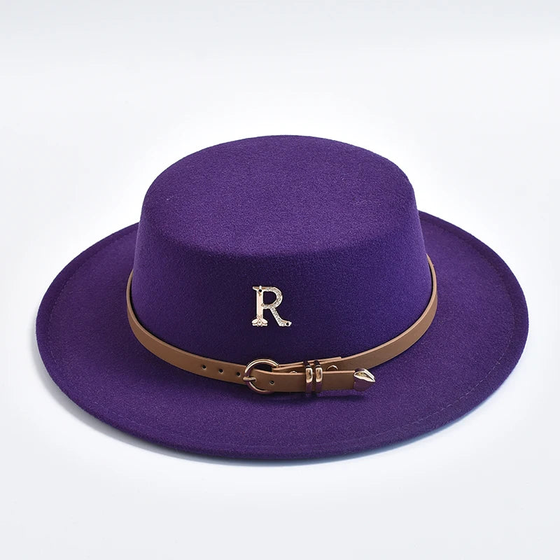 New Metal R Letter Fedora Hat for Women Fashionable Winter Flat Top Wedding Church Bowler Cap Females Elegant Holidays Hat