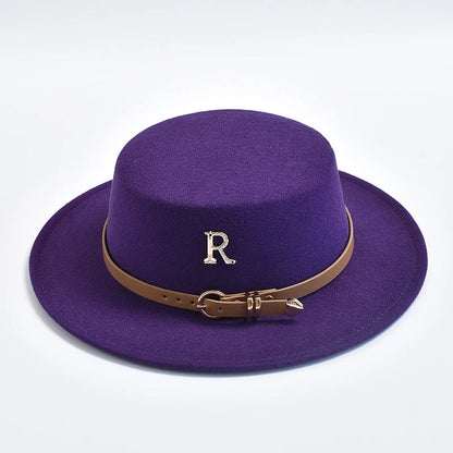 New Metal R Letter Fedora Hat for Women Fashionable Winter Flat Top Wedding Church Bowler Cap Females Elegant Holidays Hat