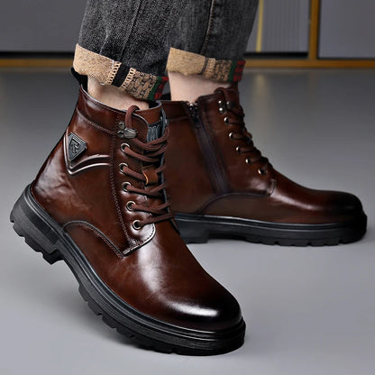 British Style Mens Winter Platform Snow Boots Fashion Genuine Leather Outdoor Antiskid Walking Ankle Boots Mens High Top Boots
