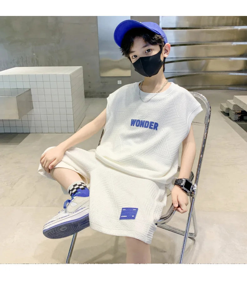Summer Boys Waffle Alphabet Sleeveless t-Shirt Tops+Short Pants Set School Kids Tracksuit Child 2PCS Outfit Jogger Suit 5-16 Yrs