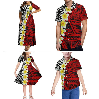 Polynesian Family Collection Clothing Fluffy Full Skirt Women Girls Dress Custom Samoan Pattern Print Adult Children Shirt