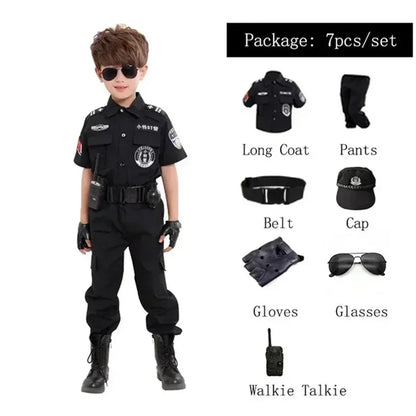 Nieuwe Cosplay Kids Politie Kostuums Kids Kerstfeest Carnaval Uniform Politie Halloween Jongens Leger Politie Kleding Cadeau Set