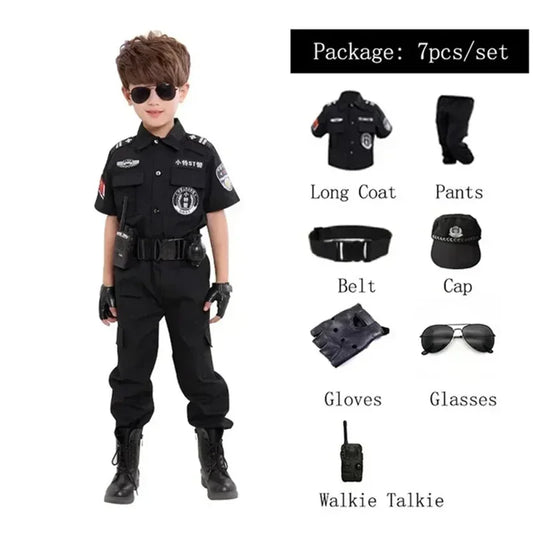 Nieuwe Cosplay Kids Politie Kostuums Kids Kerstfeest Carnaval Uniform Politie Halloween Jongens Leger Politie Kleding Cadeau Set