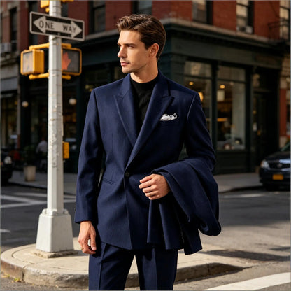 Men's Serge Tuxedo Suit Set One Button Peak Lapel Slim Fit 2 Piece Blazer Pants Casual Business Wedding Formal Outfit