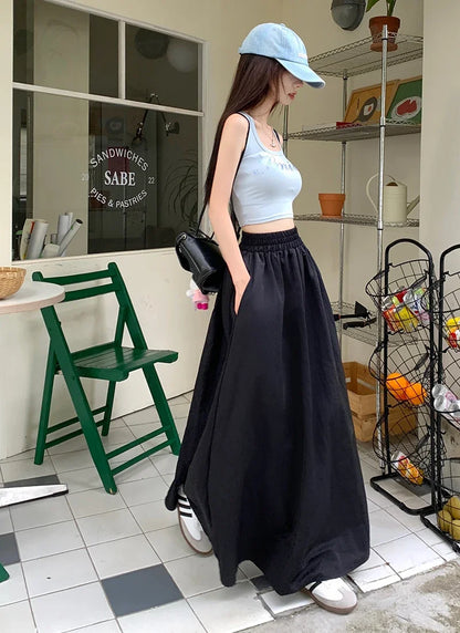 Chic Women Pockets A-Line Long Skirts Ladies Casual Loose Elastic High Waist Midi Skirt 2024 Spring Summer