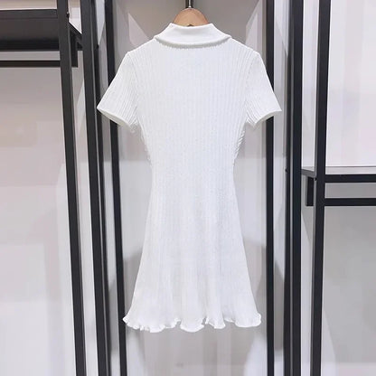2025 Spring/Summer New Polo Neck Short Sleeve Knitted Dress Y2K Fashion Commuter Elastic Slim Fit Multi Pocket Wrapped Hip Skirt