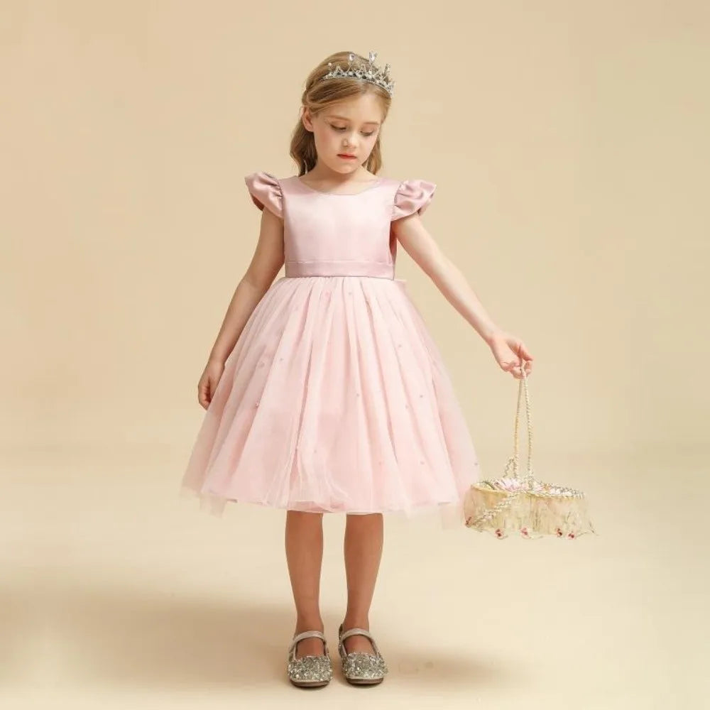 Fashion Red Pink Children's Bow Princess Dress‌ Big Bow Backless Girls Puffy Dress Tulle Flower Girl Dress Wedding Gown