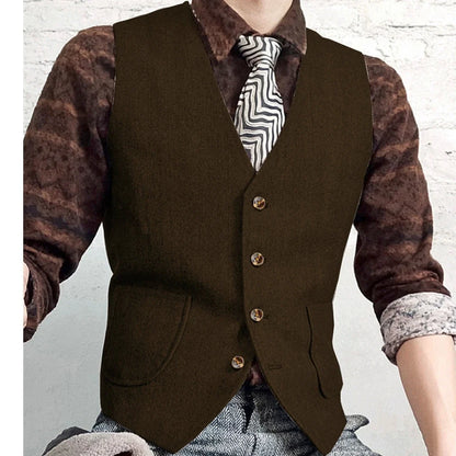 Men Vest Gray Herringbone Single Button V Neck Waistcoat For Wedding Banquet Business Office Work Daily Casual Men Suit Vest