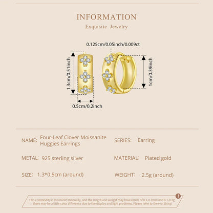 Four-Leaf Clover Moissanite Huggies Earrings 925 Sterling Silver Flower Hypoallergenic Jewelry for Women Lucky Gift