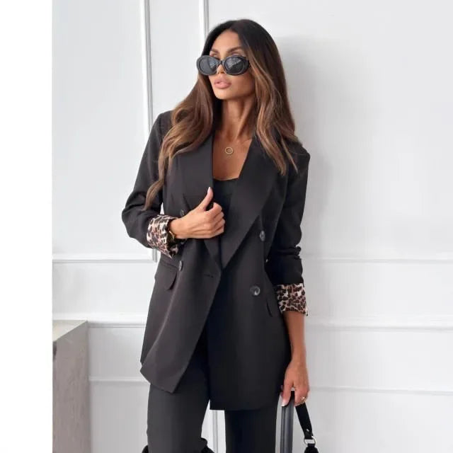 Autumn Winter New Style Women's Suit Coat Long Sleeve Double Buttoned Outerwear Top Cross-Border Fashion Polyester Fiber