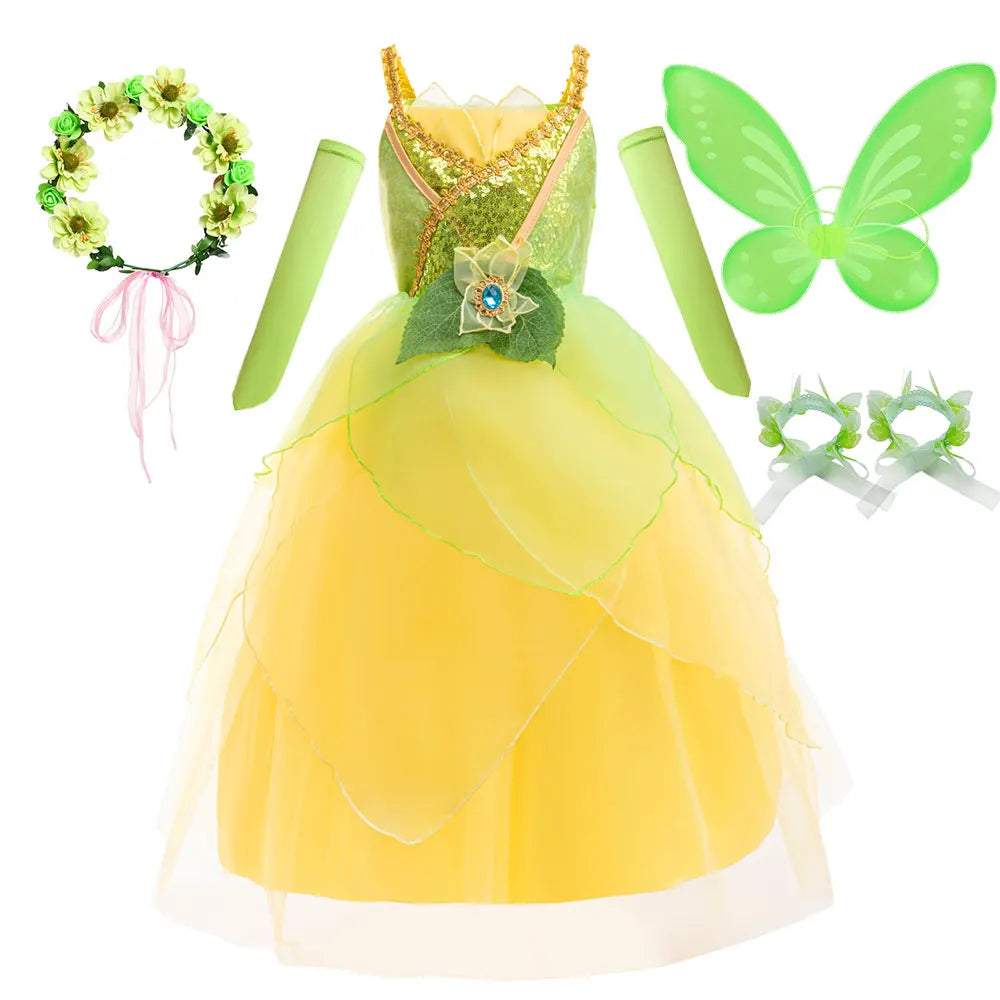 2026 Fairy Tale Fancy Princess and Frog Costume Play Tiana Ball Gown with Gloves Deluxe Suspender Dress 2 4 5 7 8Y Girl Carnival