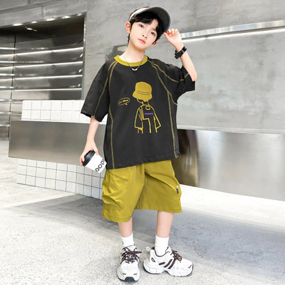 Teenage Summer Tracksuit for Boy with Shorts Tshirt 2 Piece Top and Bottom Clothes Set Kids Child Casual Cotton Outfit Suit Wear