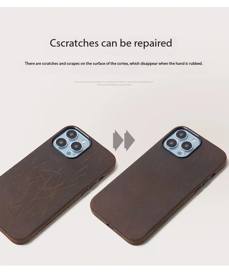 Italian Crazy Horse Genuine Leather Case for iPhone 16 15 17 Pro Max Magnetic Cases Personality Cowhide with MagSafe Phone Cover