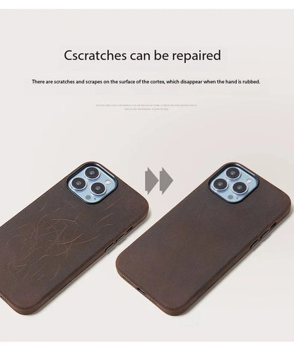 Italian Crazy Horse Genuine Leather Case for iPhone 16 15 17 Pro Max Magnetic Cases Personality Cowhide with MagSafe Phone Cover